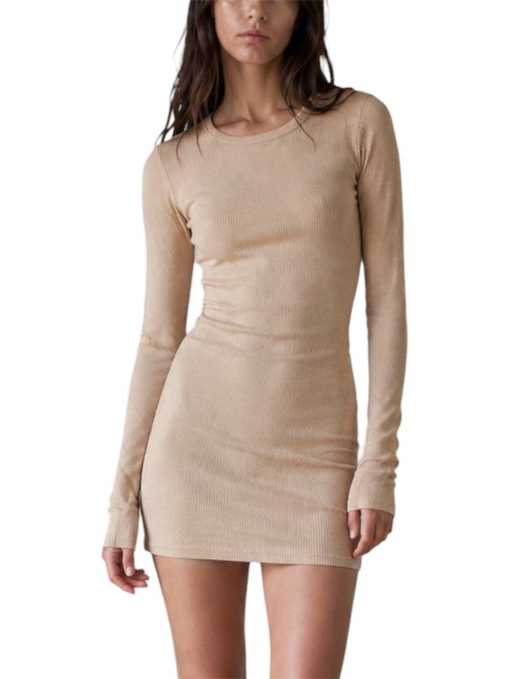S Windsor Taupe Brown Ribbed Long Sleeve Bodycon Mini Dress